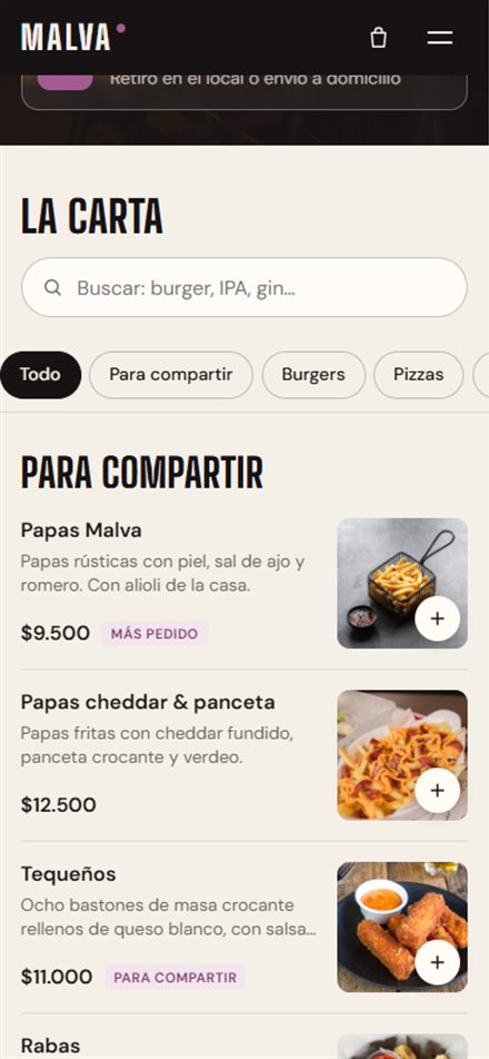 Carta de Malva Bar vista en un celular, con fotos y precios