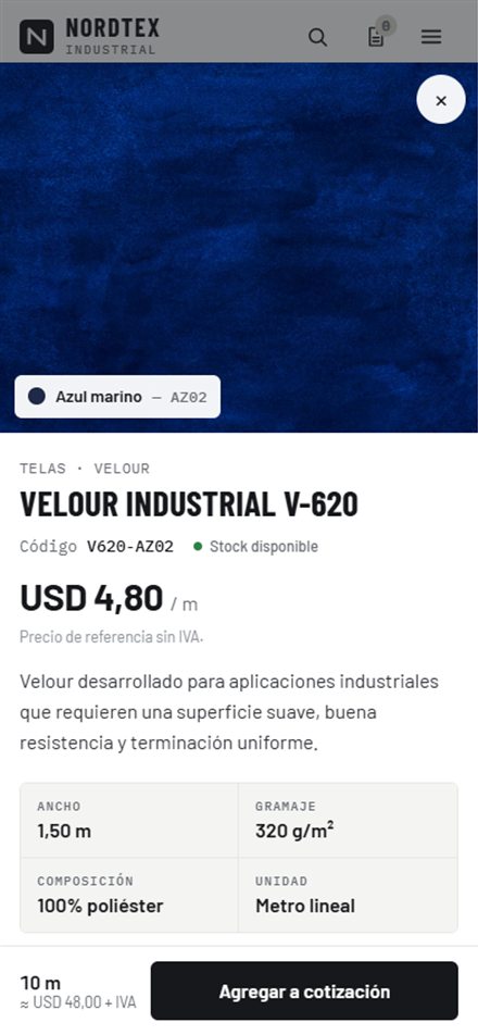 Ficha técnica de un velour en la demo Nordtex, vista en un celular